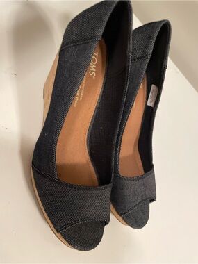 TOMS Denim Peep-Toe Cork Wedge Sole